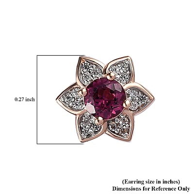 Tanzanian Rhodolite Garnet and White Zircon Flower Stud Earrings in Vermeil Rose Gold Over Sterling Silver 1.50 ctw