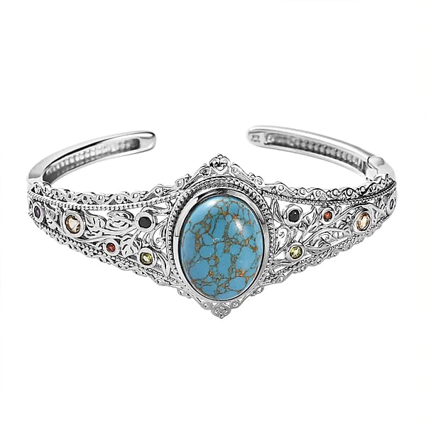 Karis Mojave Blue Turquoise and Multi Gemstone Cuff Bracelet in Platinum Bond (6.50 In) 16.10 ctw
