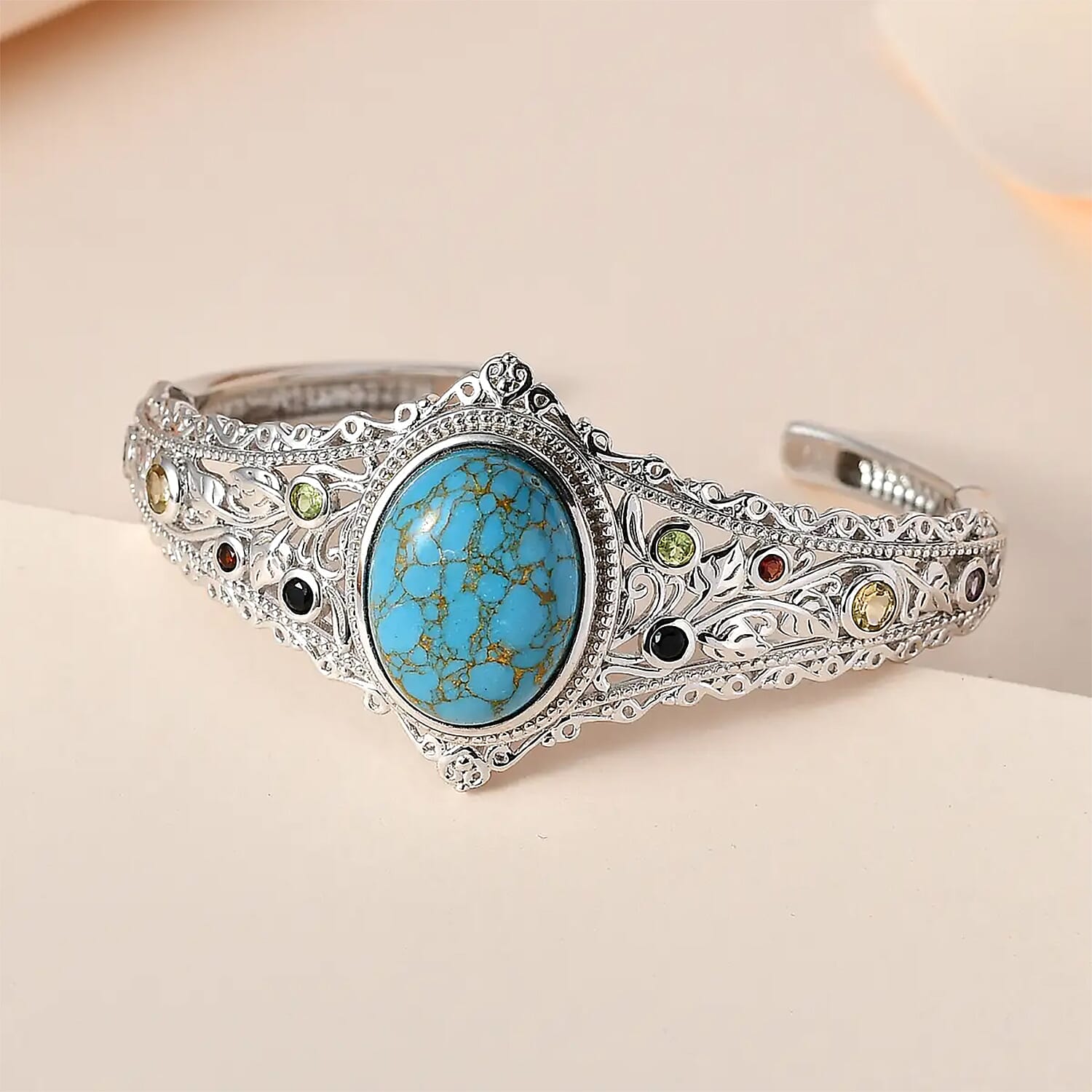 Karis Mojave Blue Turquoise and Multi Gemstone Cuff Bracelet in Platinum Bond (6.50 In) 16.10 ctw