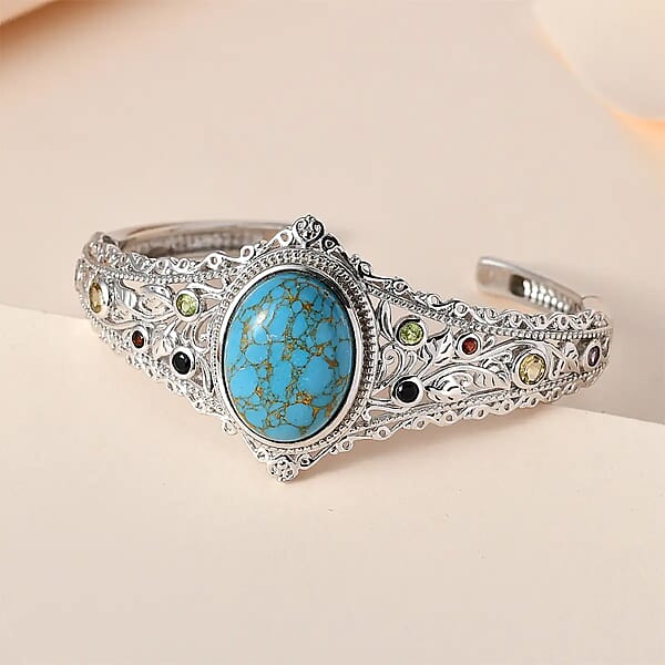 Karis Mojave Blue Turquoise and Multi Gemstone Cuff Bracelet in Platinum Bond (6.50 In) 16.10 ctw
