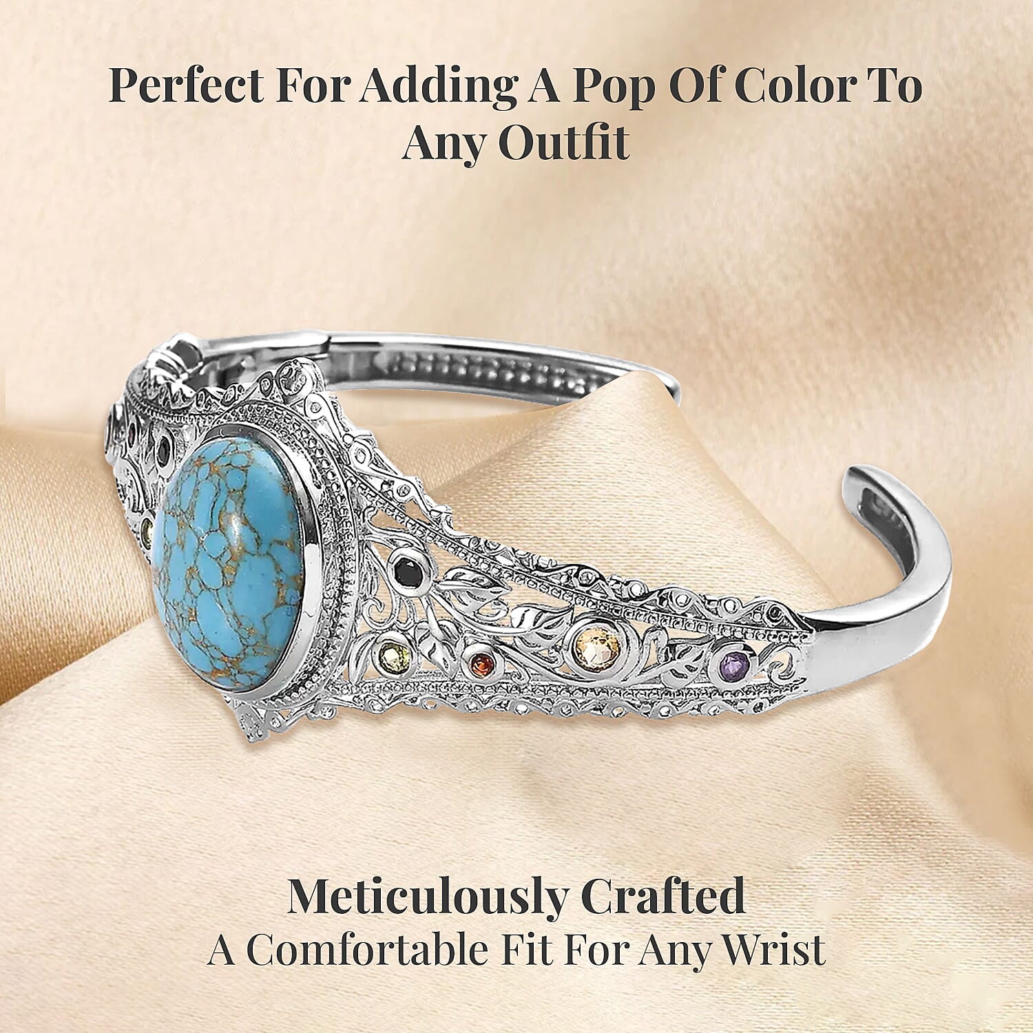 Karis Mojave Blue Turquoise and Multi Gemstone Cuff Bracelet in Platinum Bond (6.50 In) 16.10 ctw