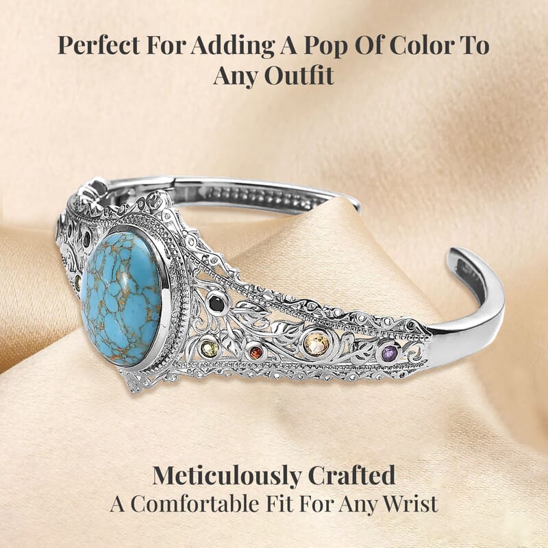 Karis Mojave Blue Turquoise and Multi Gemstone Cuff Bracelet in Platinum Bond (6.50 In) 16.10 ctw