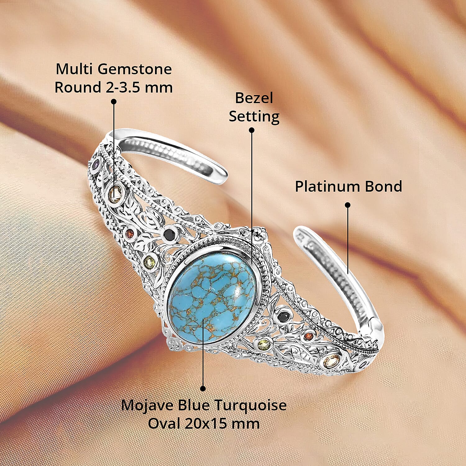 Karis Mojave Blue Turquoise and Multi Gemstone Cuff Bracelet in Platinum Bond (6.50 In) 16.10 ctw
