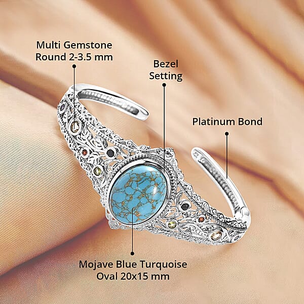 Karis Mojave Blue Turquoise and Multi Gemstone Cuff Bracelet in Platinum Bond (6.50 In) 16.10 ctw