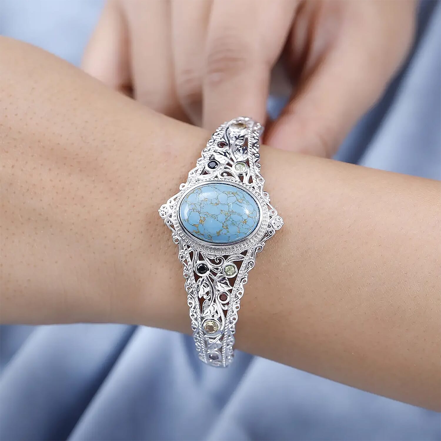 Karis Mojave Blue Turquoise and Multi Gemstone Cuff Bracelet in Platinum Bond (6.50 In) 16.10 ctw