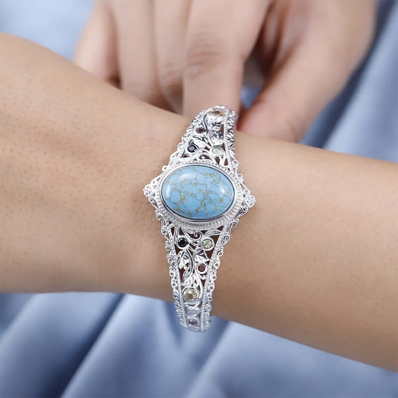 Karis Mojave Blue Turquoise and Multi Gemstone Cuff Bracelet in Platinum Bond (6.50 In) 16.10 ctw