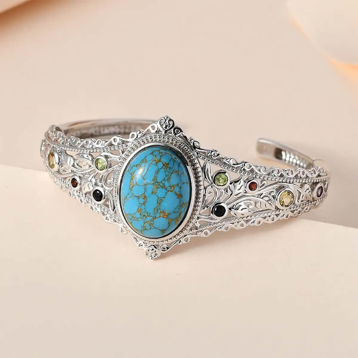 Karis Mojave Blue Turquoise and Multi Gemstone Cuff Bracelet in Platinum Bond (6.50 In) 16.10 ctw image number 1
