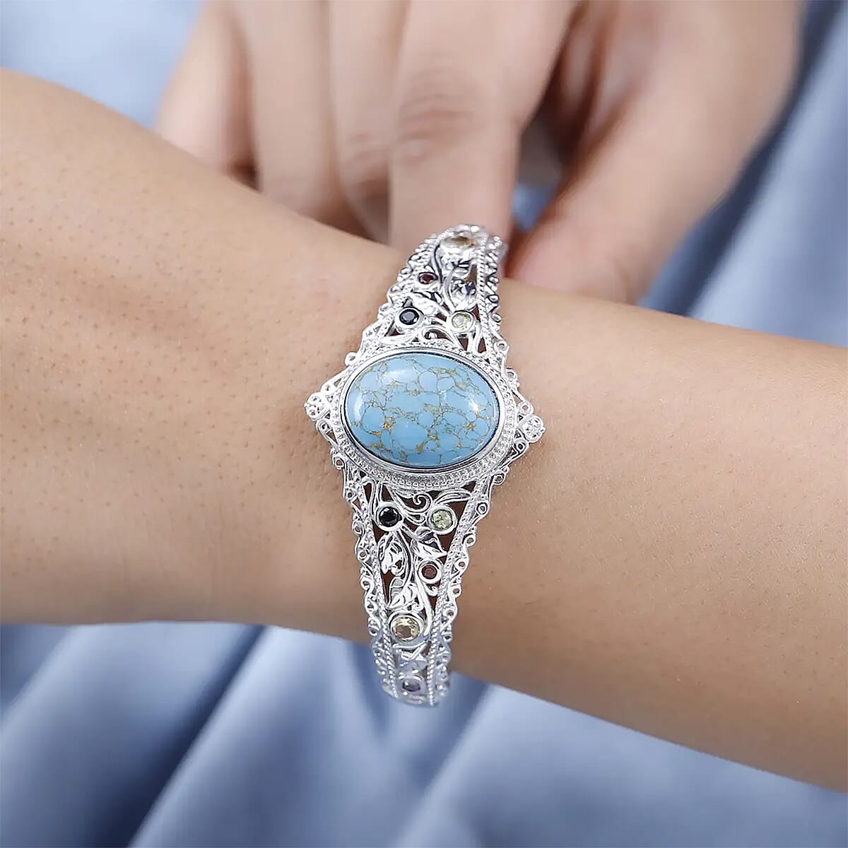 Karis Mojave Blue Turquoise and Multi Gemstone 16.10 ctw Cuff Bracelet in Platinum Bond (7.25 In) image number 7