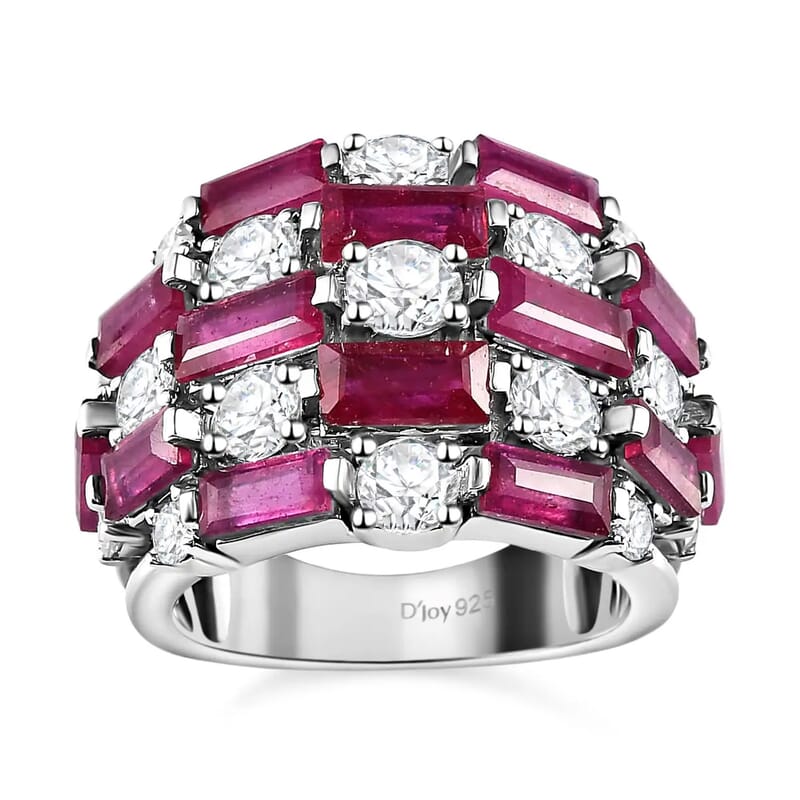 Niassa Ruby (FF) Cluster Ring in Platinum Over Sterling Silver, Moissanite Accent Ring, Ruby Jewelry, Birthday Anniversary Gift For Her 7.60 ctw