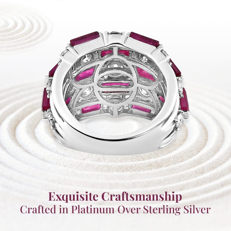 Niassa Ruby (FF) Cluster Ring in Platinum Over Sterling Silver, Moissanite Accent Ring, Ruby Jewelry, Birthday Anniversary Gift For Her 7.60 ctw