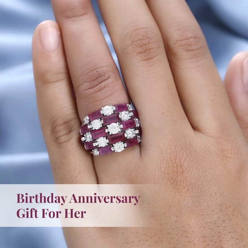Niassa Ruby (FF) Cluster Ring in Platinum Over Sterling Silver, Moissanite Accent Ring, Ruby Jewelry, Birthday Anniversary Gift For Her 7.60 ctw