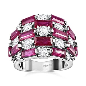 Niassa Ruby (FF) Cluster Ring in Platinum Over Sterling Silver, Moissanite Accent Ring, Ruby Jewelry, Birthday Anniversary Gift For Her 7.60 ctw (Size 8.00)