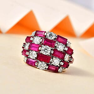 Niassa Ruby (FF) Cluster Ring in Platinum Over Sterling Silver, Moissanite Accent Ring, Ruby Jewelry, Birthday Anniversary Gift For Her 7.60 ctw (Size 8.00)