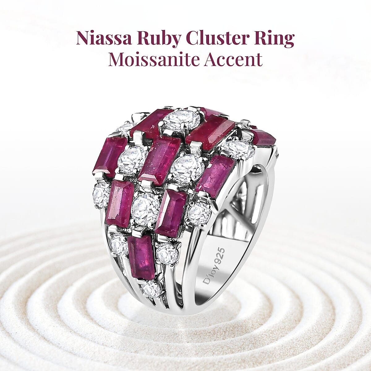 Niassa Ruby (FF) Cluster Ring in Platinum Over Sterling Silver, Moissanite Accent Ring, Ruby Jewelry, Birthday Anniversary Gift For Her 7.60 ctw (Size 8.00) image number 2