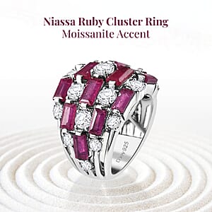 Niassa Ruby (FF) Cluster Ring in Platinum Over Sterling Silver, Moissanite Accent Ring, Ruby Jewelry, Birthday Anniversary Gift For Her 7.60 ctw (Size 8.00)