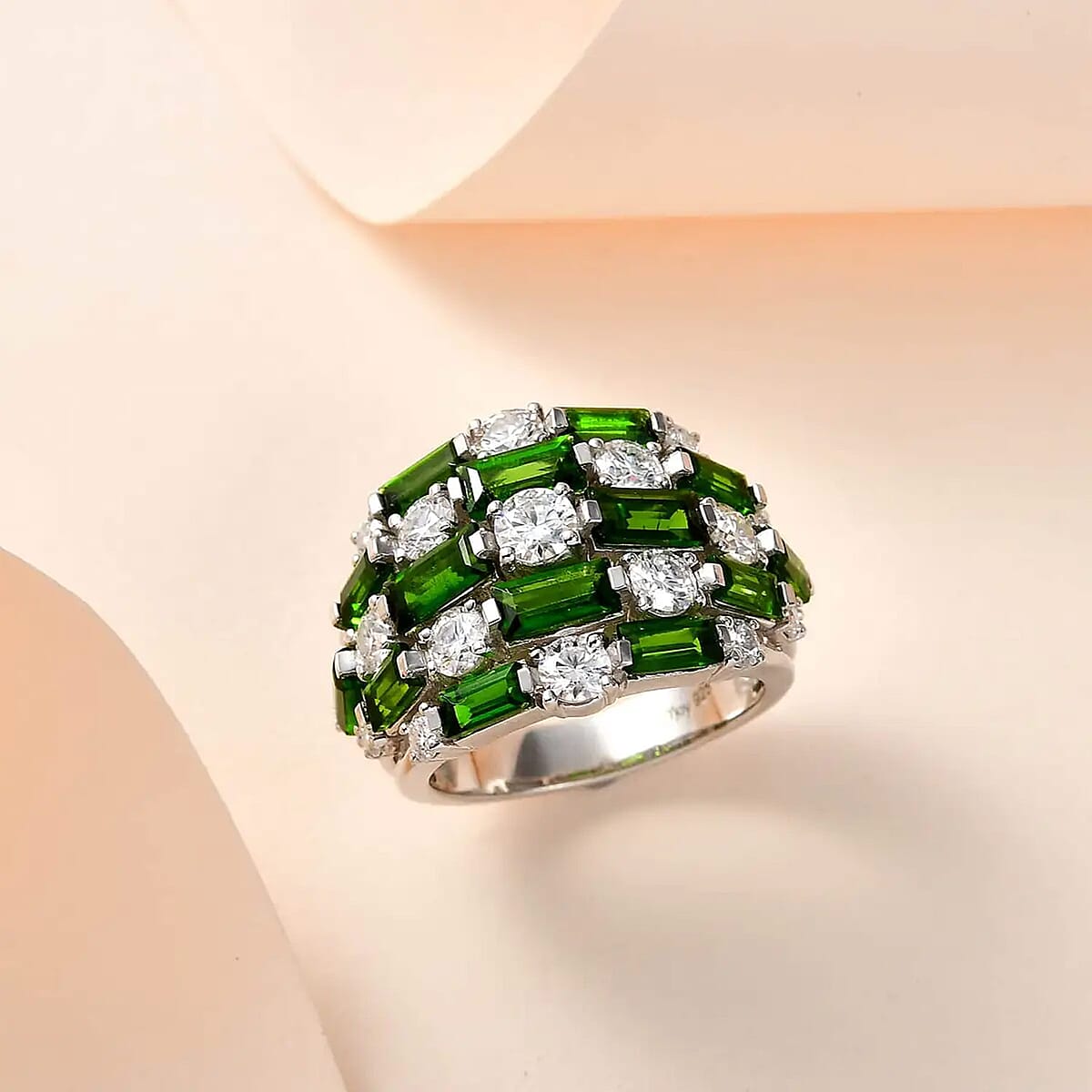 Chrome Diopside Ring in Platinum Over Sterling Silver, Moissanite Accent Ring, Chrome Diopside Jewelry, Birthstone Anniversary Gift For Her  6.20 ctw image number 1