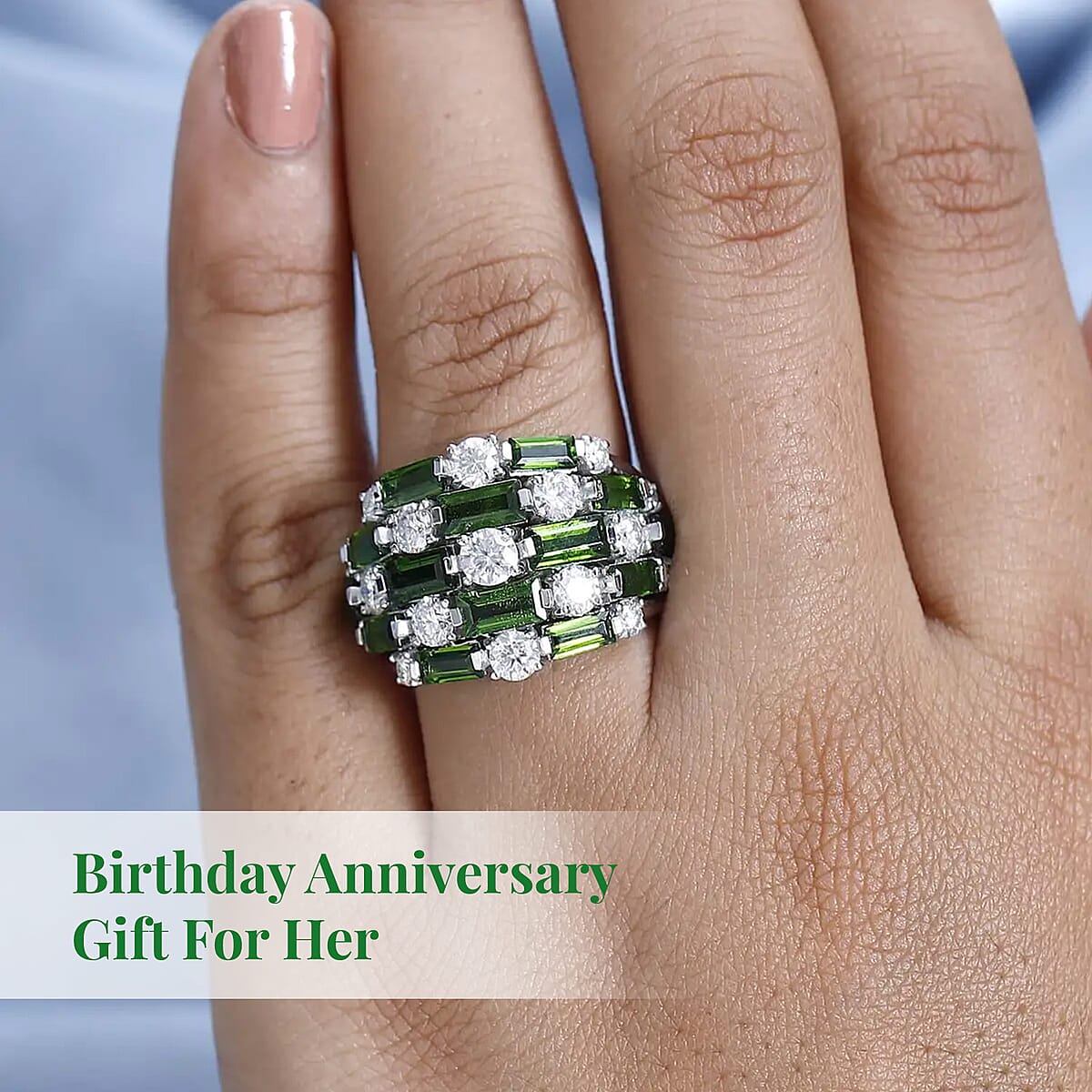 Chrome Diopside Ring in Platinum Over Sterling Silver, Moissanite Accent Ring, Chrome Diopside Jewelry, Birthstone Anniversary Gift For Her  6.20 ctw image number 4