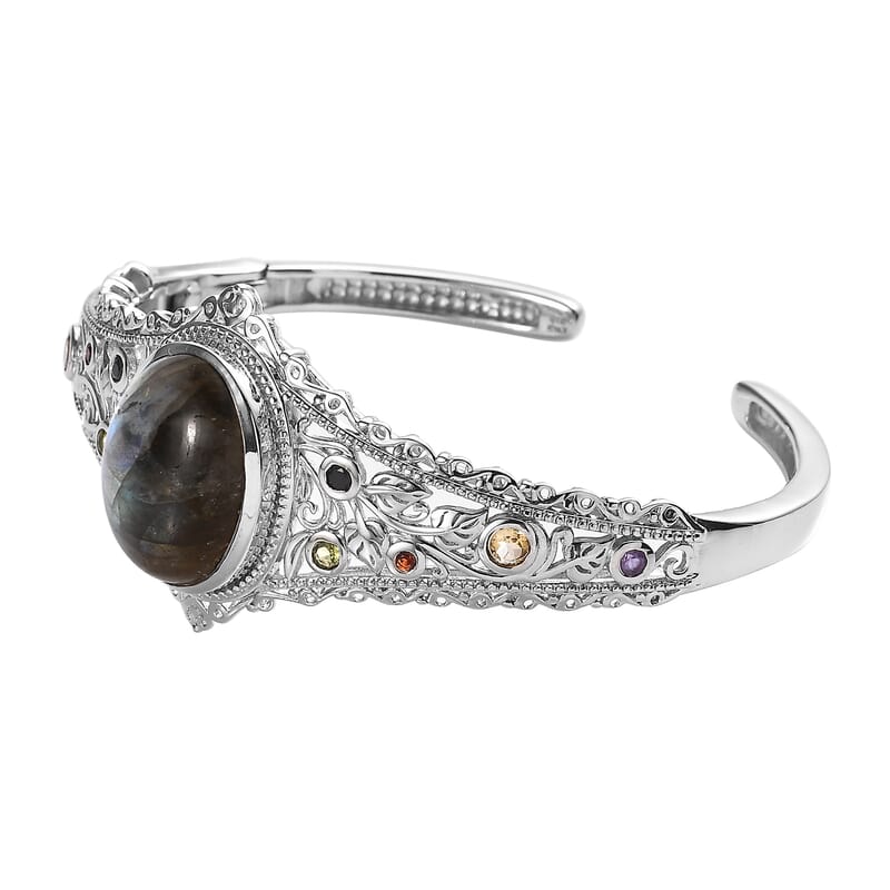 Karis Malagasy Labradorite and Multi Gemstone Cuff Bracelet in Platinum Bond (6.50 In) 18.35 ctw