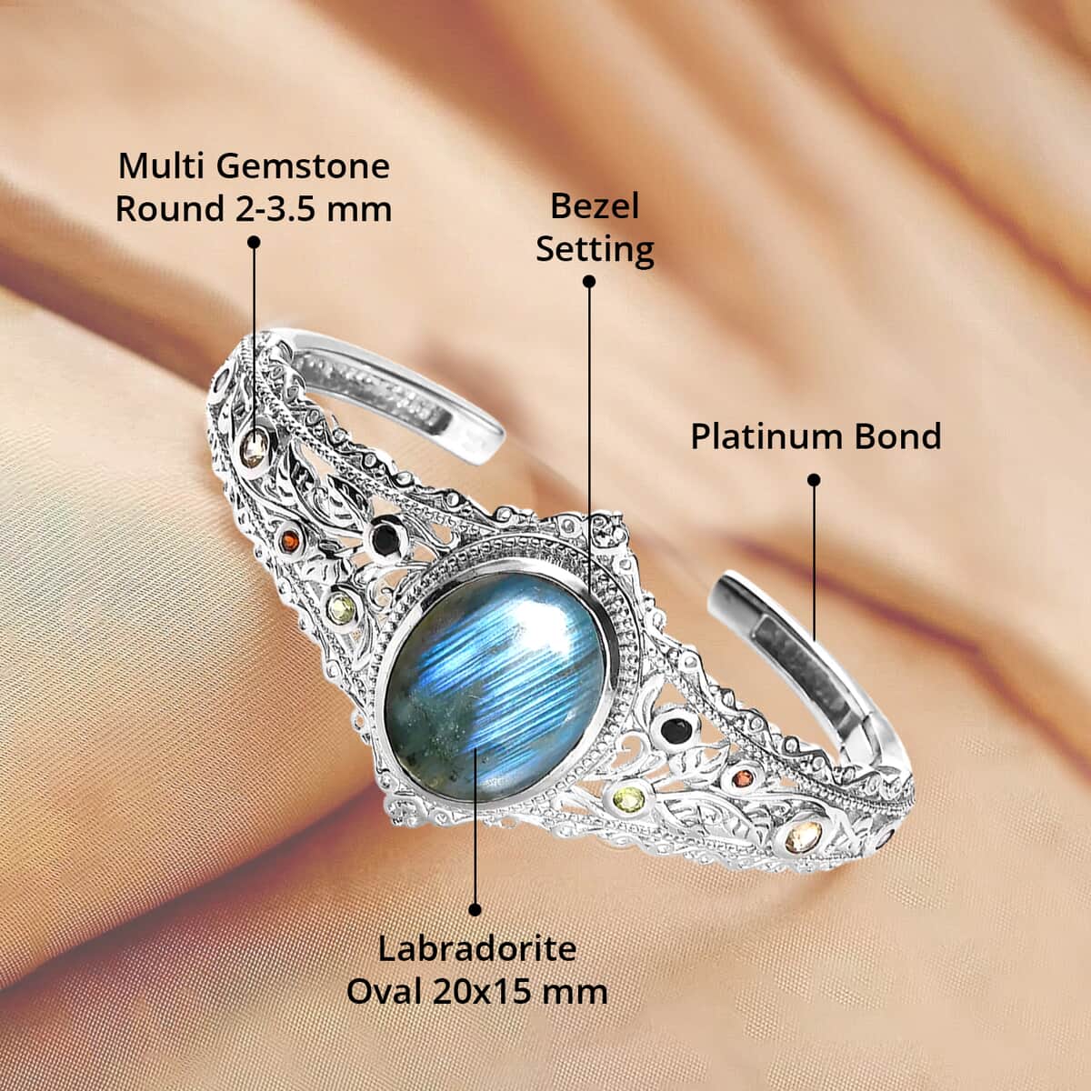 Karis Malagasy Labradorite and Multi Gemstone Cuff Bracelet in Platinum Bond (6.50 In) 18.35 ctw image number 4