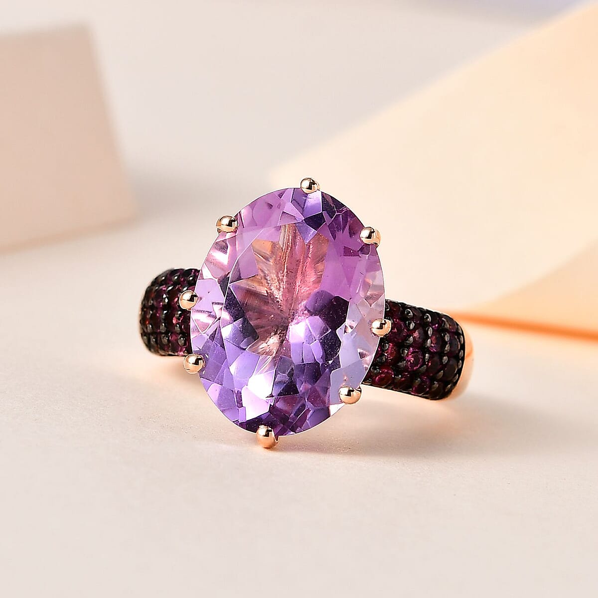 Premium Rose De France Amethyst and Orissa Rhodolite Garnet Ring in Vermeil Rose Gold Over Sterling Silver (Size 9.0) 9.75 ctw image number 1
