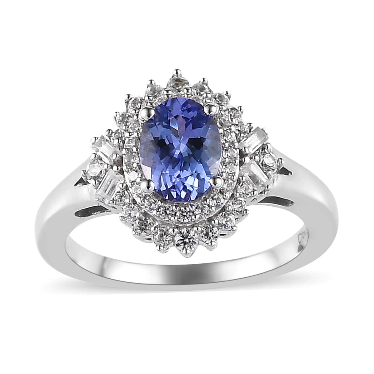 Tanzanite and White Zircon Sunburst Ring in Platinum Over Sterling Silver (Size 10.0) 1.40 ctw image number 0