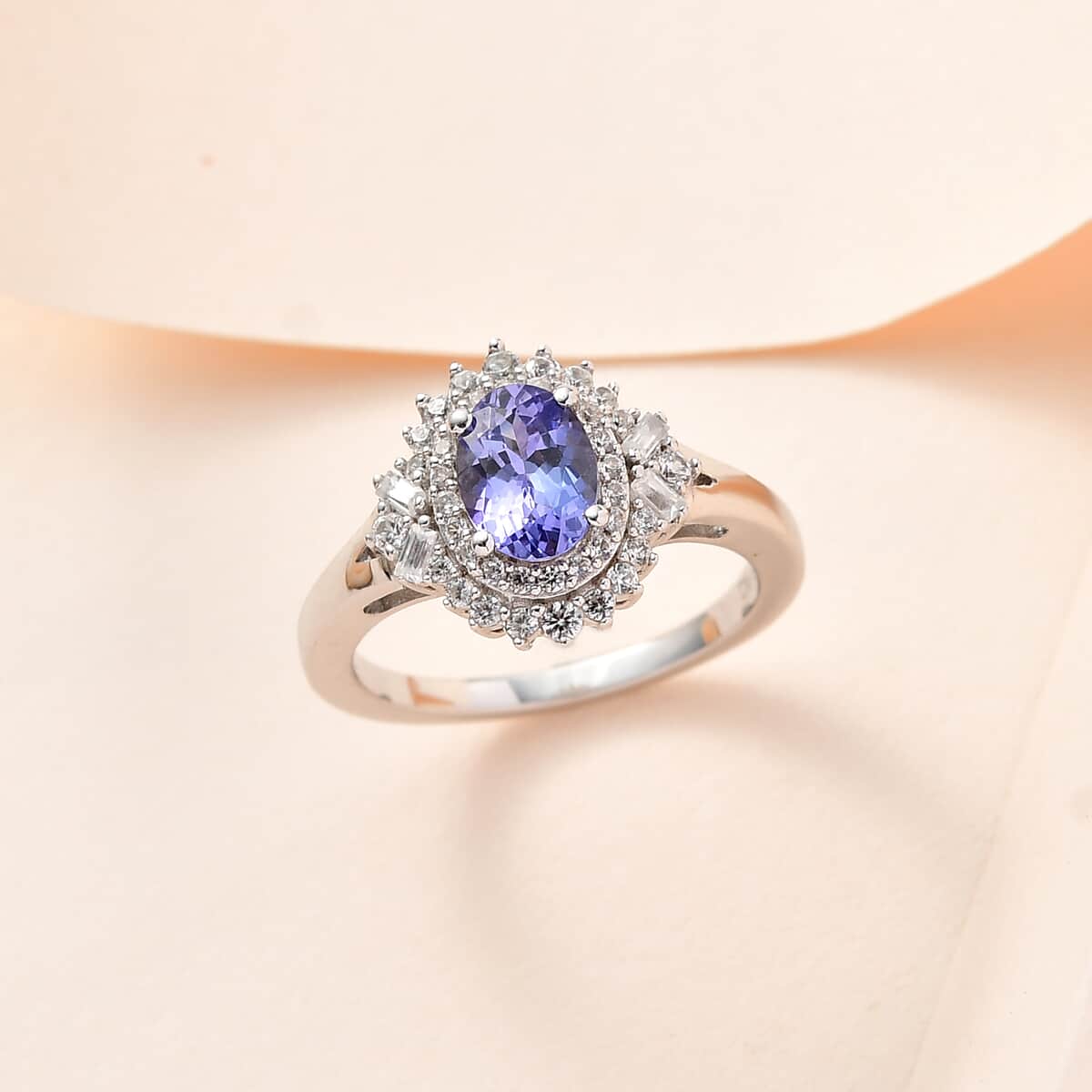 Tanzanite and White Zircon Double Halo Ring in Platinum Over Sterling Silver 1.40 ctw image number 1