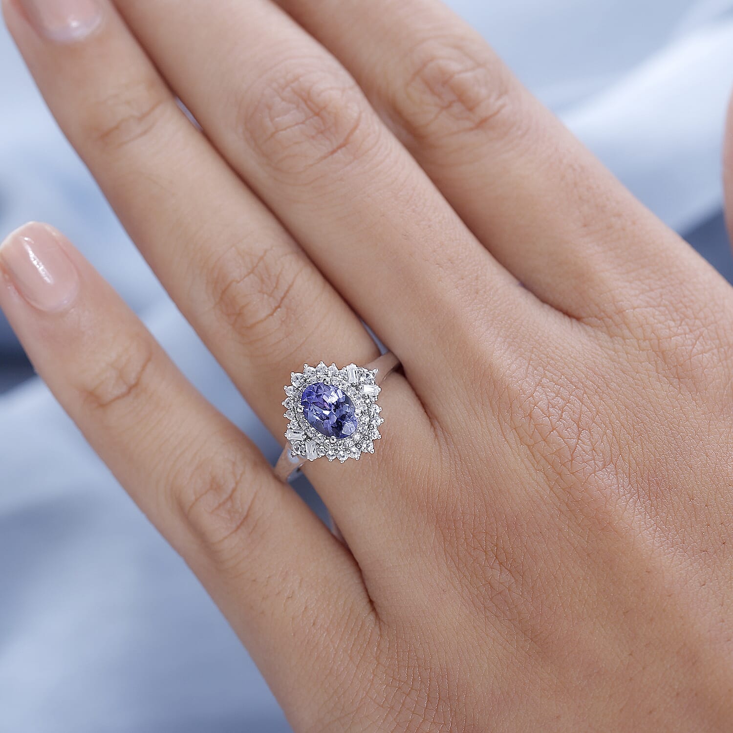 Tanzanite and White Zircon Sunburst Ring in Platinum Over Sterling Silver (Size 10.0) 1.40 ctw