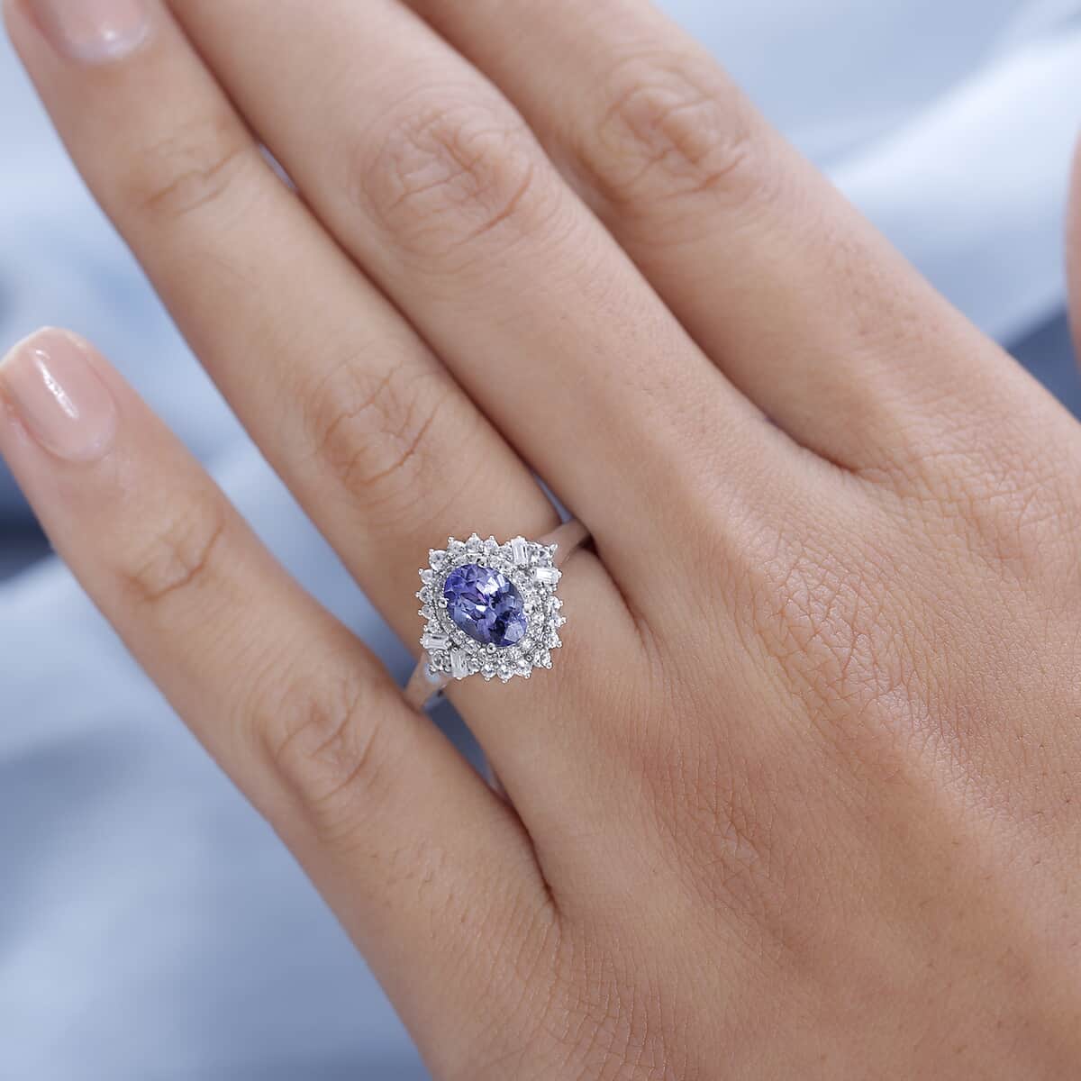 Tanzanite and White Zircon Sunburst Ring in Platinum Over Sterling Silver (Size 10.0) 1.40 ctw image number 2