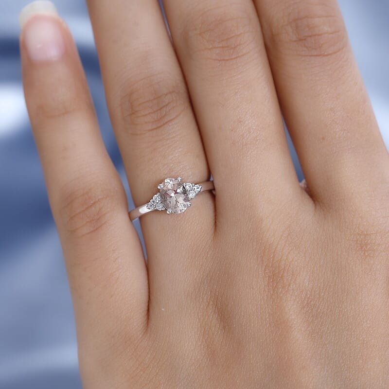 AAA Marropino Morganite and White Zircon Ring in Platinum Over Sterling Silver (Size 10.0) 1.00 ctw