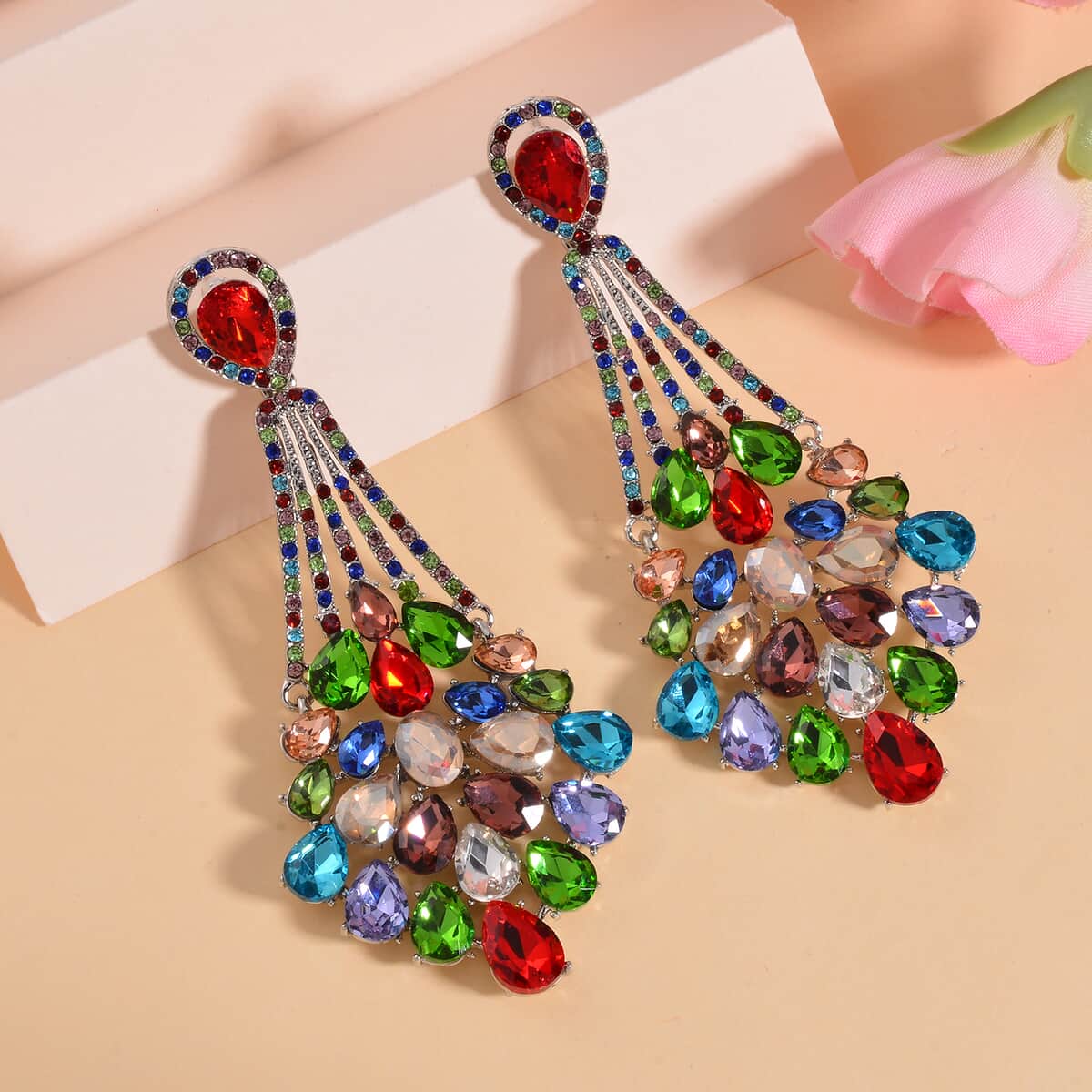 Multi Color Austrian Crystal Earrings in Silvertone image number 1