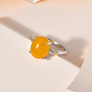 D'Joy Yellow Jade (D) 4.90 ctw Solitaire Ring in 14K YG and Platinum Over Sterling Silver (Size 10.0)