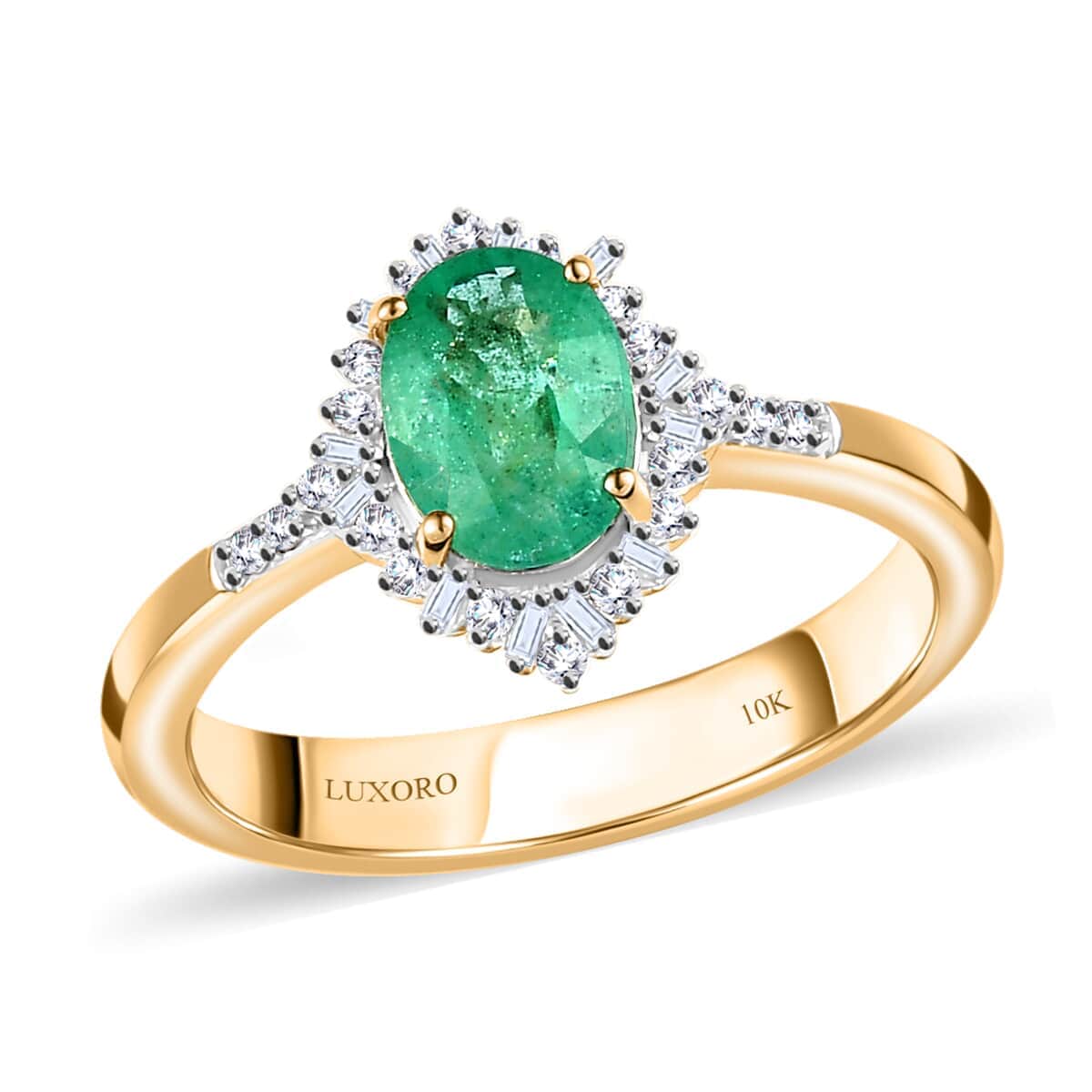 Luxoro 10K Yellow Gold Premium Ethiopian Emerald and G-H I3 Diamond Halo Ring 1.40 ctw image number 0