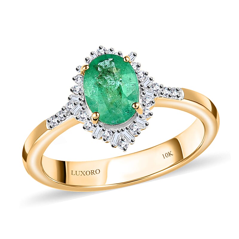Luxoro 10K Yellow Gold Premium Ethiopian Emerald and G-H I3 Diamond Halo Ring (Size 7.0) 1.40 ctw