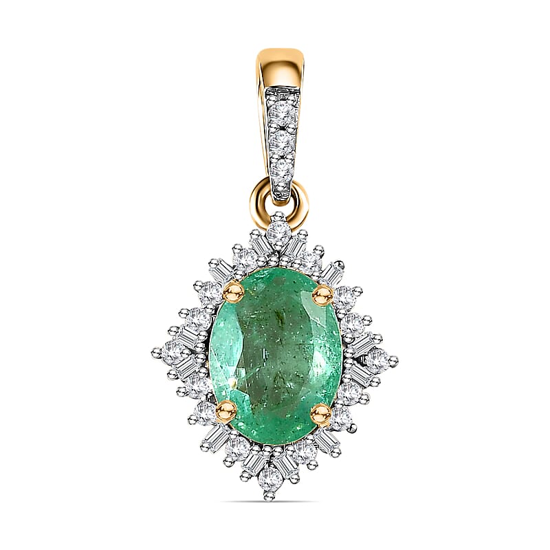 Luxoro 10K Yellow Gold Premium Ethiopian Emerald and G-H I3 Diamond Halo Pendant without Chain 1.40 ctw