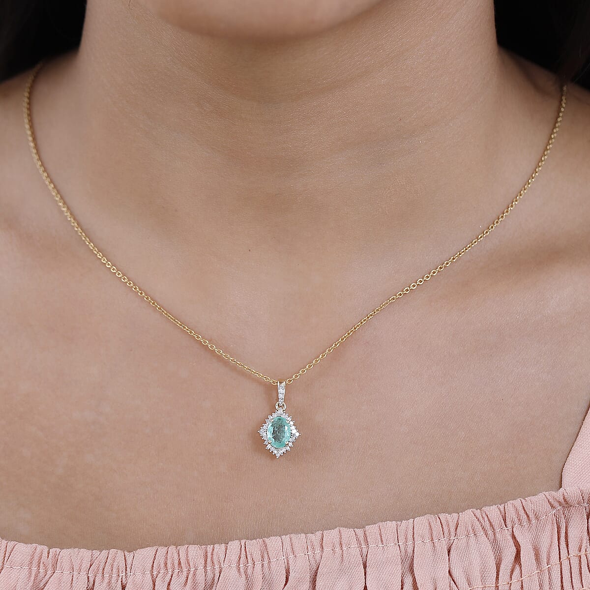 Luxoro 10K Yellow Gold Premium Ethiopian Emerald and G-H I3 Diamond Halo Pendant without Chain 1.40 ctw image number 2