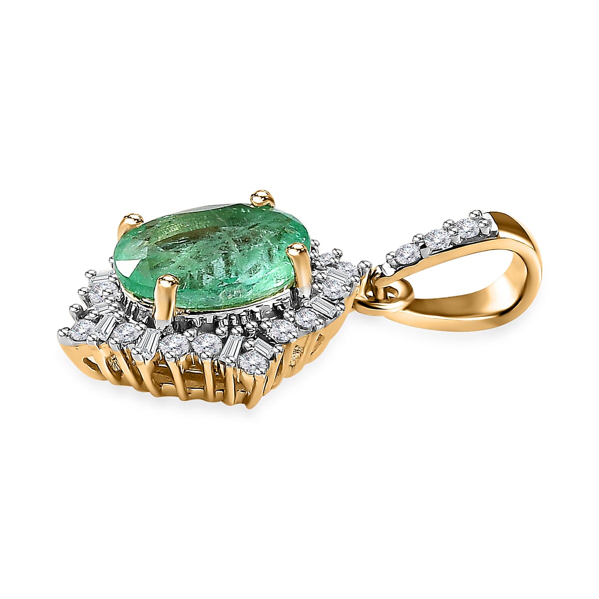 Luxoro 10K Yellow Gold Premium Ethiopian Emerald and G-H I3 Diamond Halo Pendant without Chain 1.40 ctw image number 3