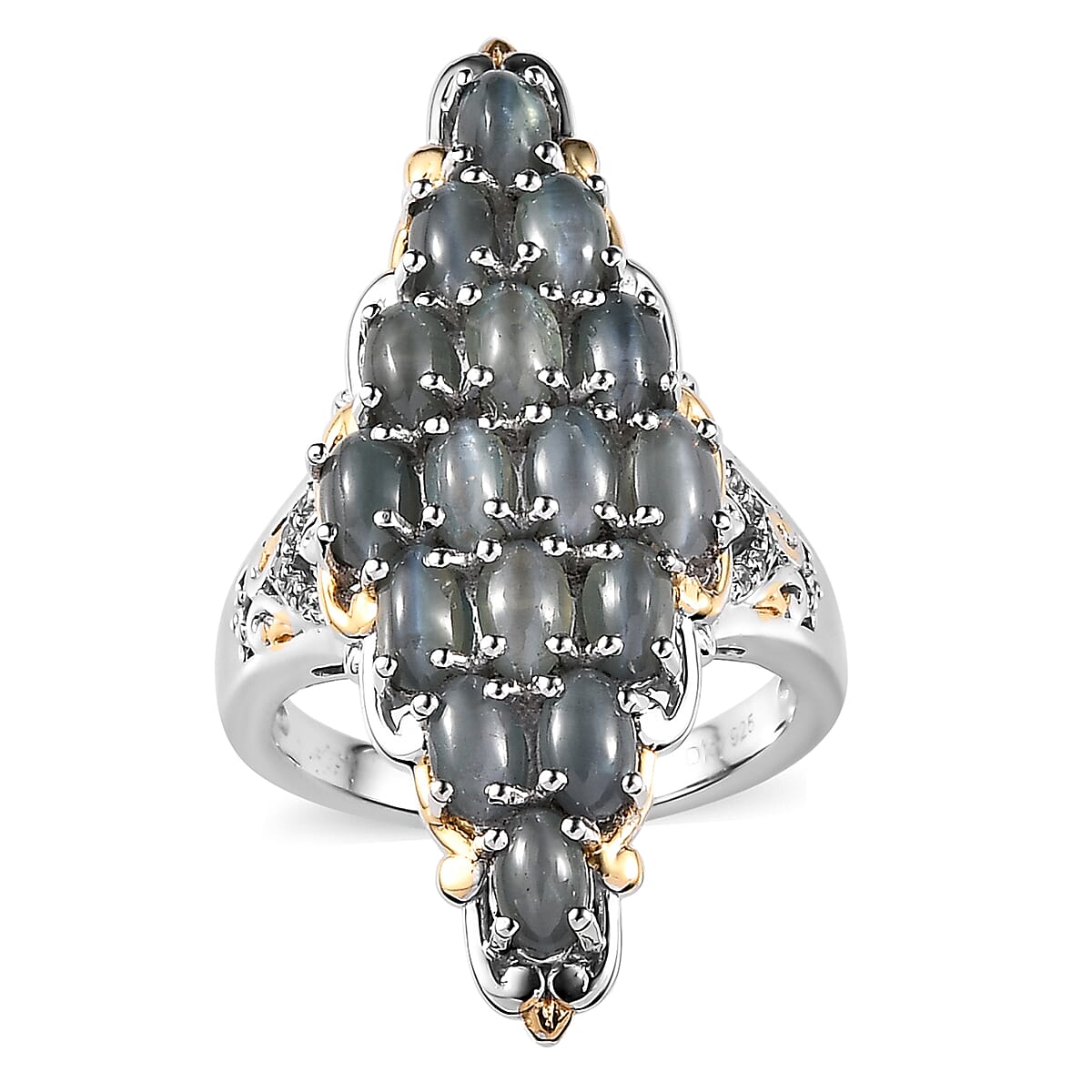 Premium Chrysoberyl Cat's Eye, White Zircon Elongated Ring in Vermeil YG and Platinum Over Sterling Silver (Size 7.0) 5.90 ctw