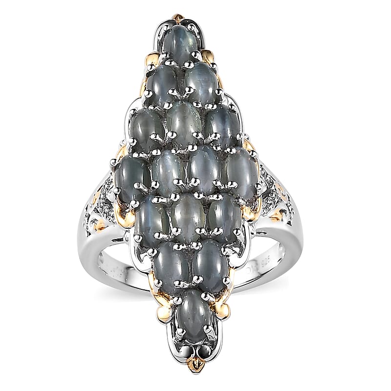 Premium Chrysoberyl Cat's Eye, White Zircon Elongated Ring in Vermeil YG and Platinum Over Sterling Silver (Size 7.0) 5.90 ctw