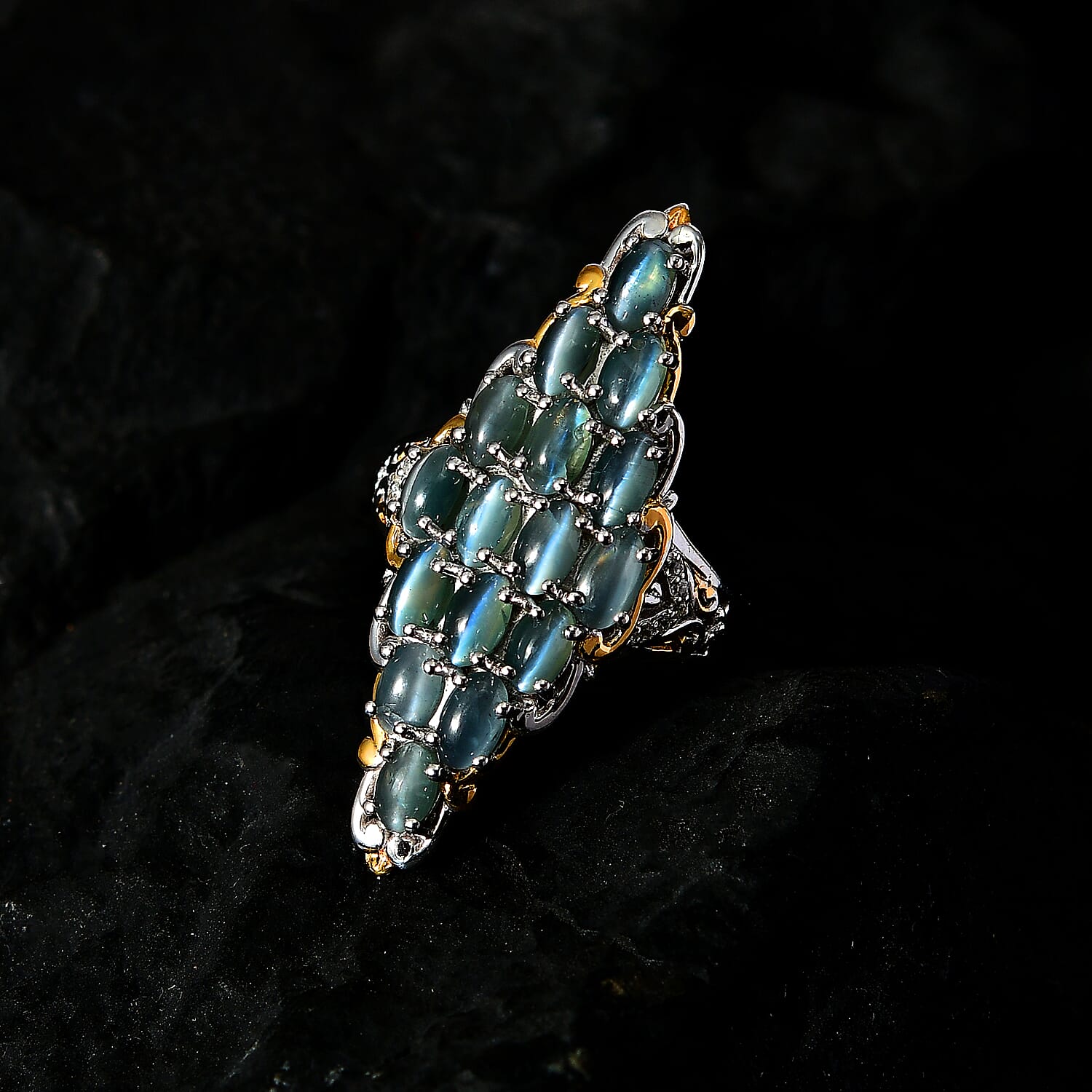 Premium Chrysoberyl Cat's Eye, White Zircon Elongated Ring in Vermeil YG and Platinum Over Sterling Silver (Size 7.0) 5.90 ctw