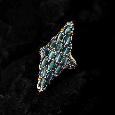Premium Chrysoberyl Cat's Eye, White Zircon Elongated Ring in Vermeil YG and Platinum Over Sterling Silver (Size 7.0) 5.90 ctw