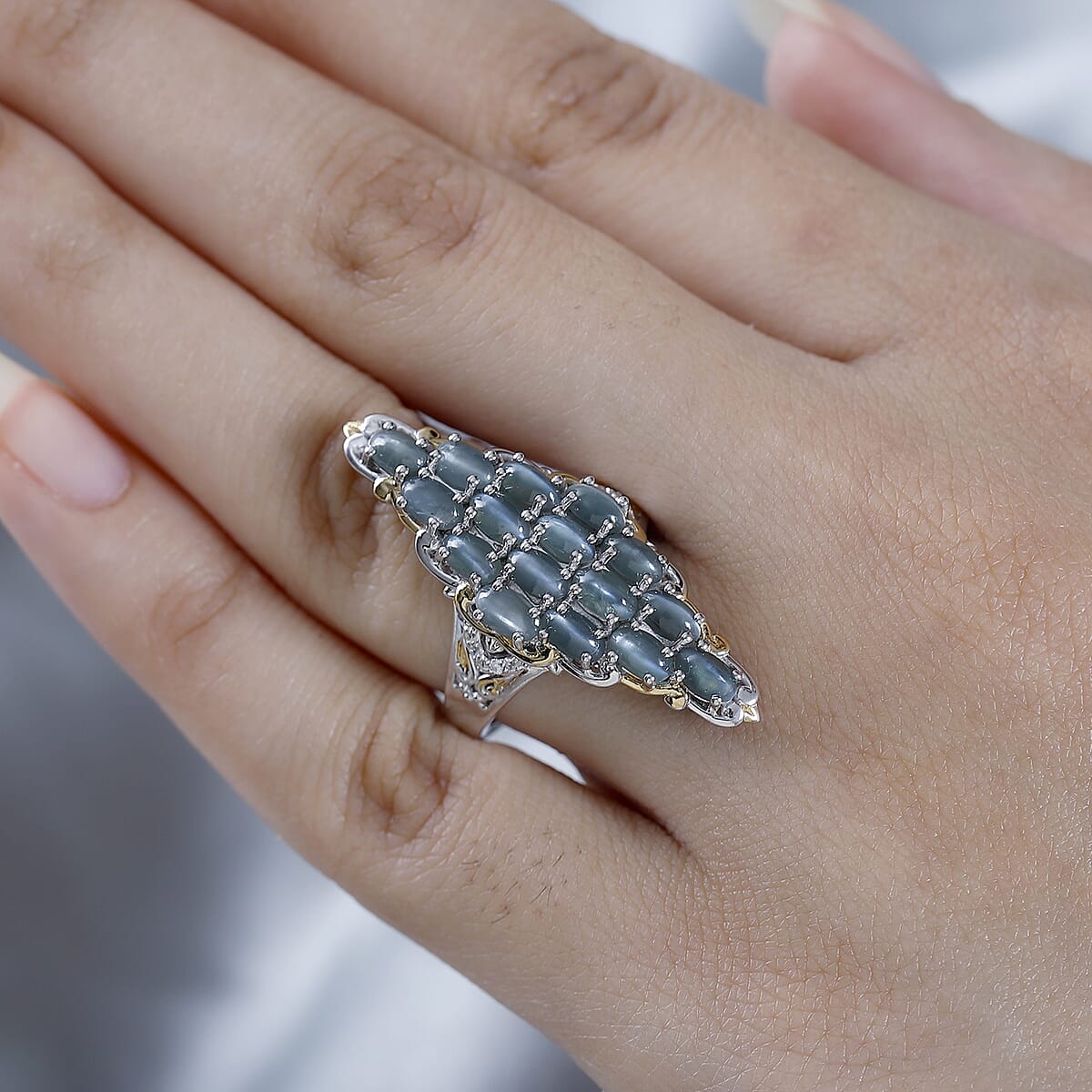 Doorbuster Premium Chrysoberyl Cat's Eye and White Zircon Elongated Ring in Vermeil YG and Platinum Over Sterling Silver (Size 7.0) 5.90 ctw image number 3