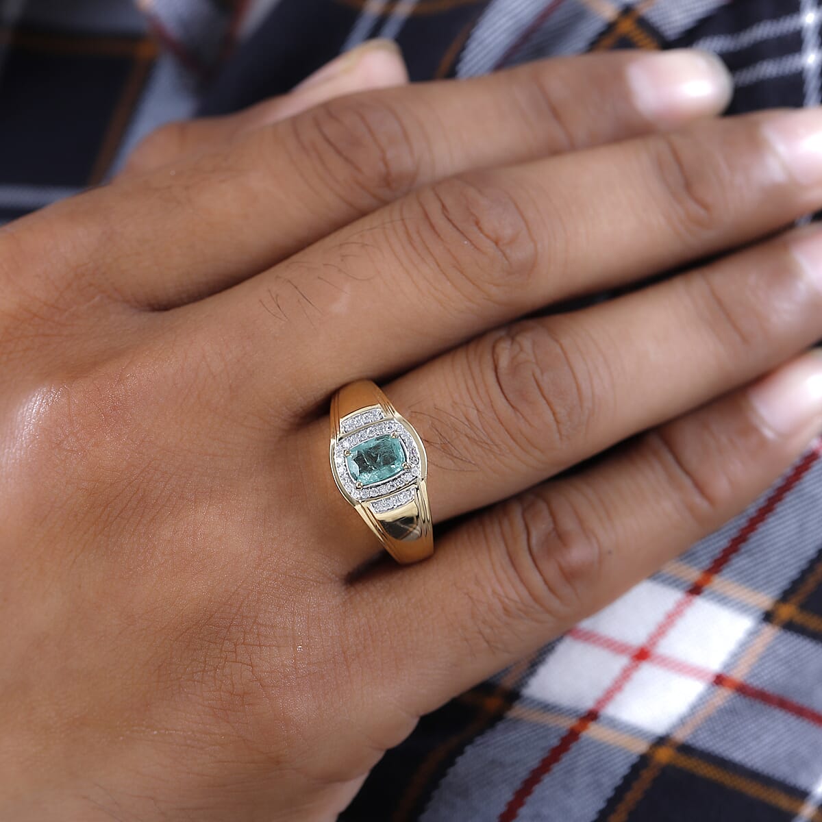 Ethiopian Emerald and Moissanite Men's Ring in Vermeil Yellow Gold Over Sterling Silver 0.90 ctw image number 2
