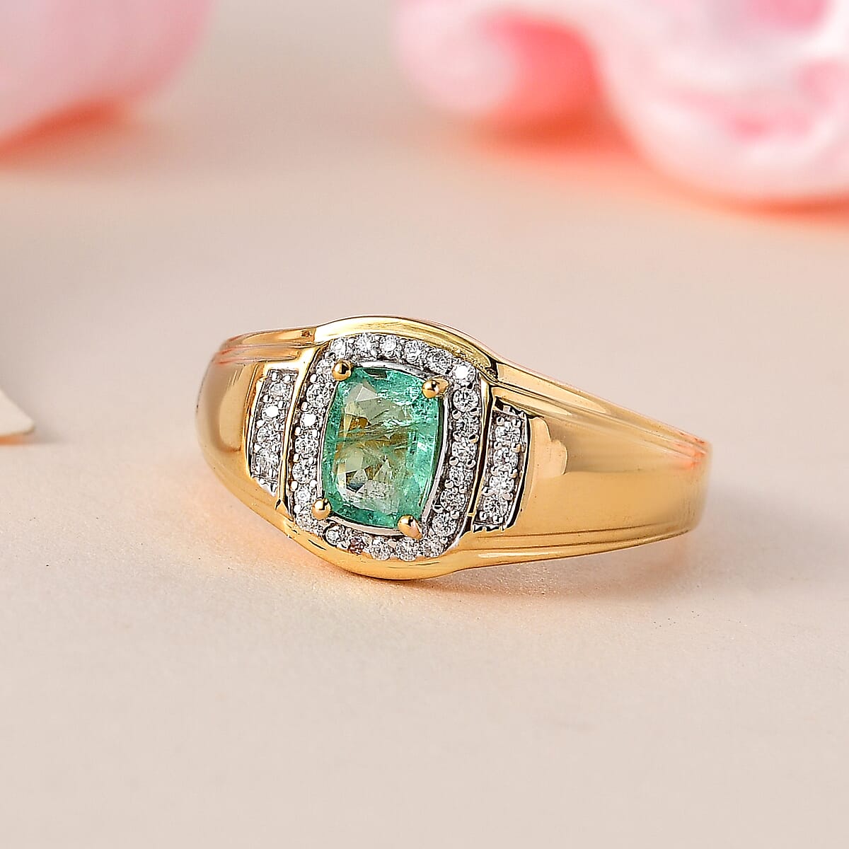 Ethiopian Emerald and Moissanite Men's Ring in Vermeil Yellow Gold Over Sterling Silver (Size 11.0) 0.90 ctw image number 1