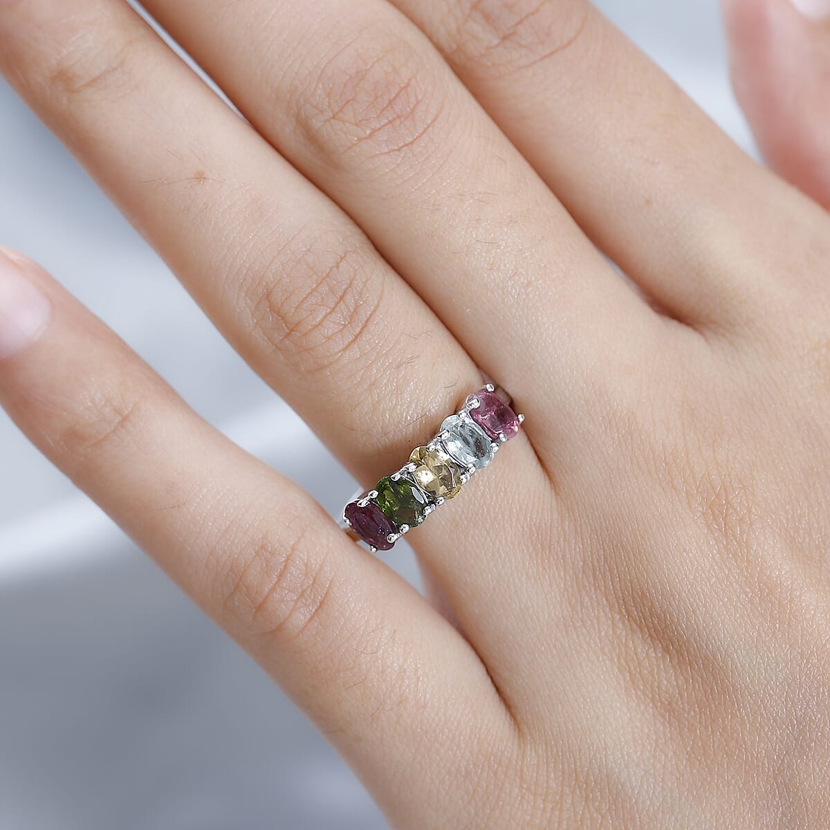 Doorbuster Multi-Tourmaline 5 Stone Ring in Platinum Over Sterling Silver 2.00 ctw image number 2