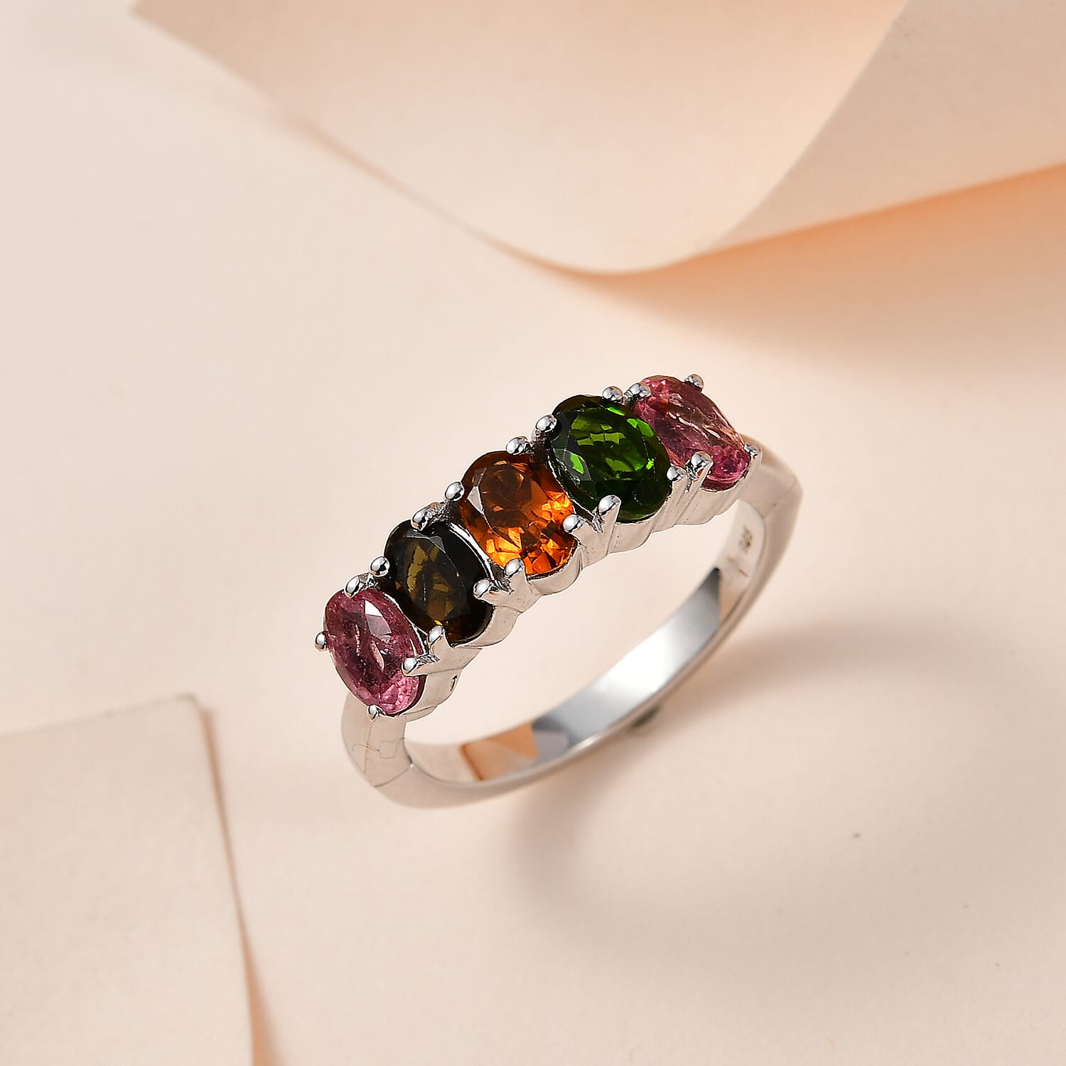 Multi-Tourmaline 5 Stone Arthritis Ring in Platinum Over Sterling Silver (Size 6.0) 2.00 ctw
