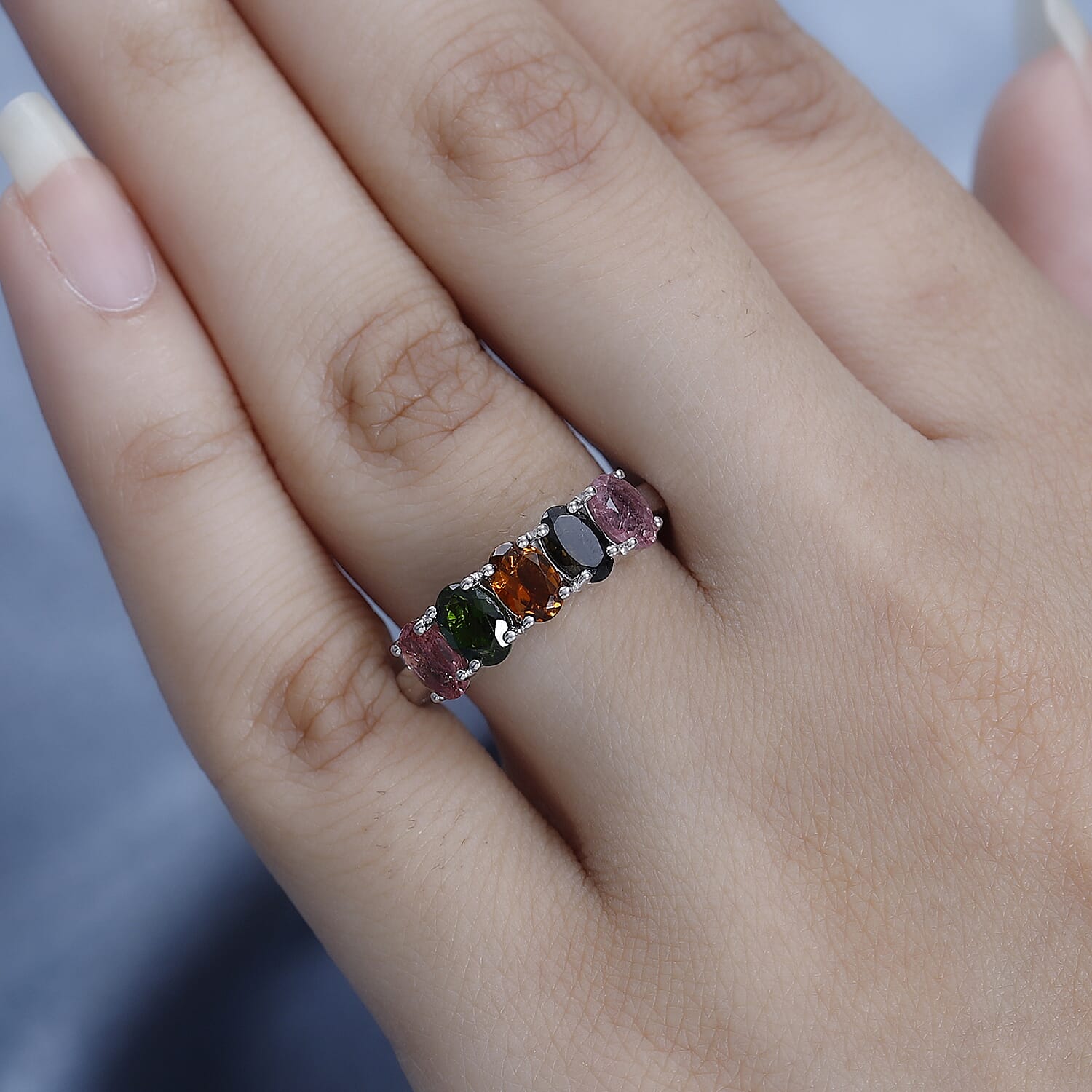 Multi-Tourmaline 5 Stone Arthritis Ring in Platinum Over Sterling Silver (Size 6.0) 2.00 ctw