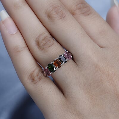 Multi-Tourmaline 5 Stone Arthritis Ring in Platinum Over Sterling Silver (Size 6.0) 2.00 ctw