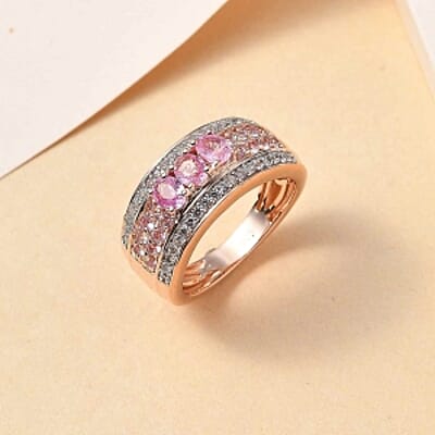 Pink Sapphire Pink Sapphire and White Zircon 1.43 ctw Ring in Vermeil RG Over Sterling Silver (Size 11.5)