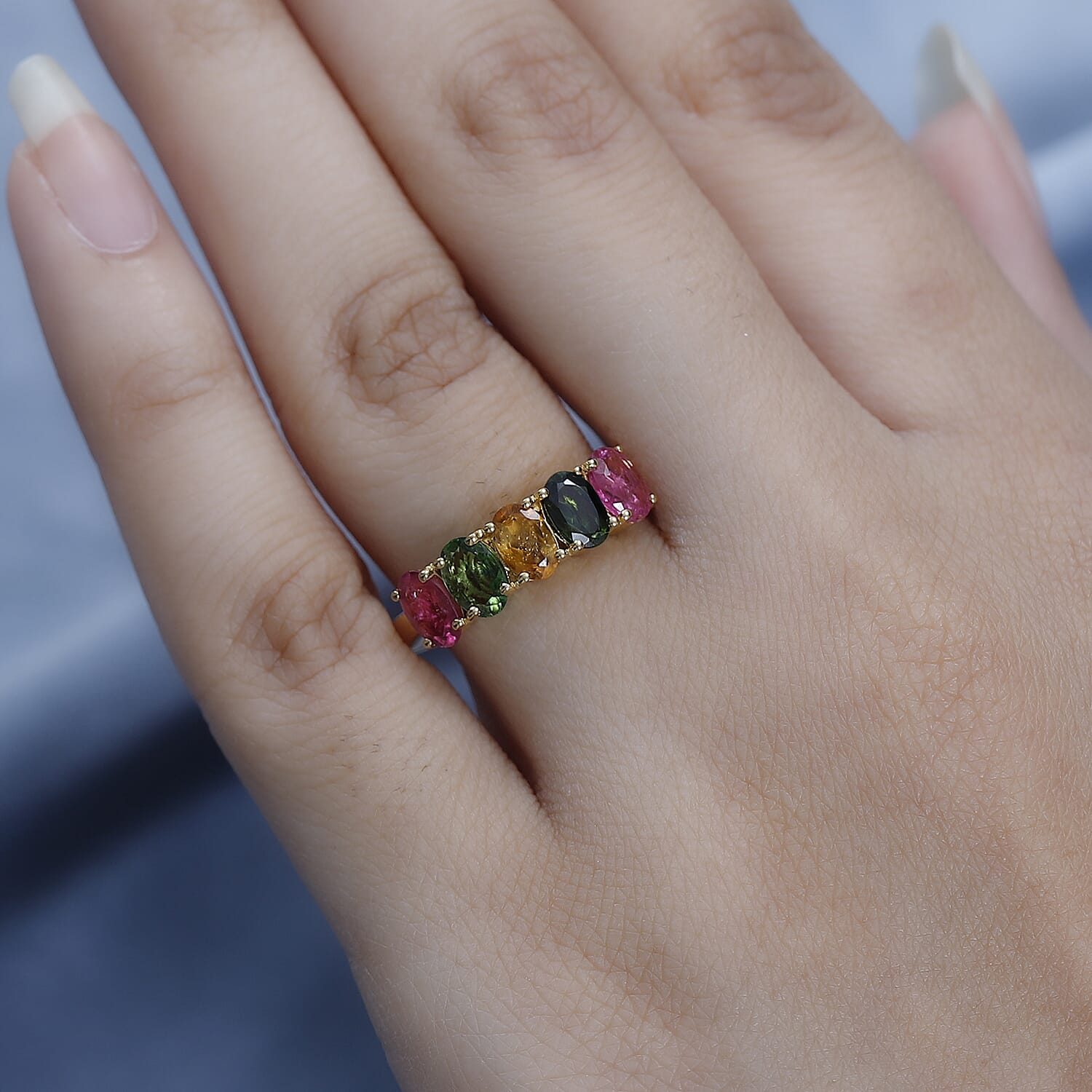 Multi-Tourmaline 5 Stone Arthritis Ring in Vermeil Yellow Gold Over Sterling Silver (Size 8.0) 2.00 ctw