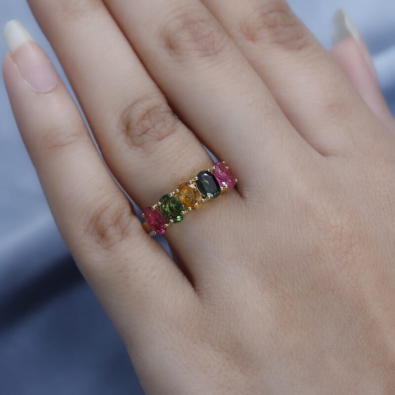 Multi-Tourmaline 5 Stone Arthritis Ring in Vermeil Yellow Gold Over Sterling Silver (Size 8.0) 2.00 ctw